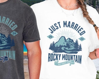 Just Married National Park Shirts, Personalized Hiking Couples T-shirts, Mountain Elopement Shirts Matching Honeymoon Road Trip Wedding Year