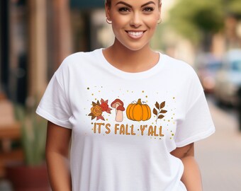 Fall TShirt for Women, It's Fall Y'all T-Shirt, Cottagecore Autumn Shirt, Fall Doodle Shirt Pumpkin Mushroom Leaves Flowers Bella Canvas Tee