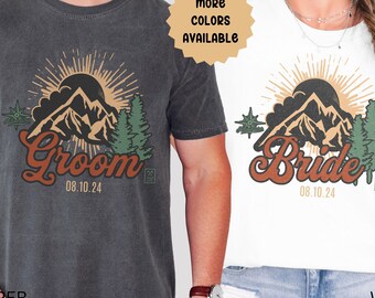 Bride and Groom Hiking Couples T-shirts, Wedding Date Honeymoon Matching Shirts, Just Married Outdoor Mountain Elopement Engagement Gift