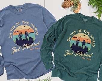 Hiking Couple Just Married Matching Shirts, Comfort Colors Long Sleeve TShirt Gift for Outdoor Couple, Elopement Mountain Wedding Honeymoon