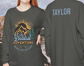 Adventure Couple Shirts Personalized Long Sleeve Shirts, Married Honeymoon Shower Gift, Hiking Outdoors Mountain Elopement Comfort Colors