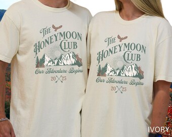 Honeymoon Shirts, Matching Social Club TShirts for Newlyweds, Just Married Gift for Outdoor Couple, Hiking Camping Mountain Wedding Tee
