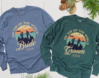 Bride and Groom Hiking Couple Just Married Matching Shirts, Comfort Colors Long Sleeve Gift for Outdoor Elopement Mountain Wedding Honeymoon