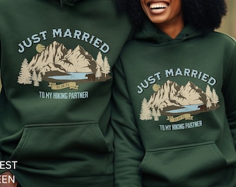 Just Married Matching Adventure Couples Hoodie Sweatshirt, Hiking Sweaters for Outdoors, Camping Mountain Wedding Honeymoon Anniversary Gift