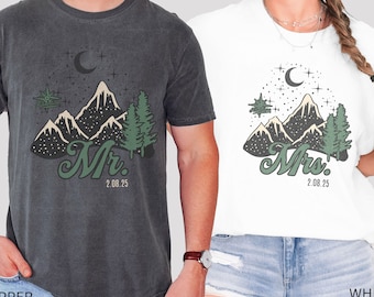 Mr and Mrs Mountain Couple Shirts, Custom Wedding Date Just Married Hiking T-shirts, Honeymoon Matching Shirts, Elopement, Engagement Gift