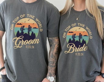 Bride and Groom Hiking Couples T-shirts, Wedding Date Honeymoon Matching Shirts, Just Married Outdoor Mountain Elopement, Engagement Gift