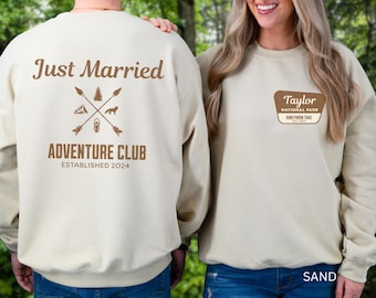 National Park Honeymoon Matching Shirts, Personalized Adventure Couples Sweatshirt, Just Married Mountain Hiking Sweater, Wedding Gift