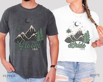 Bride and Groom Mountain Couple Shirts, Custom Wedding Date Just Married Hiking T-shirts, Honeymoon Matching Shirt Elopement Engagement Gift