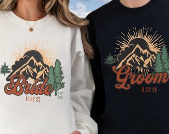 Bride and Groom Hiking Couples Sweatshirt, Honeymoon Matching Shirts, Just Married Outdoor Mountain Elopement Engagement Wedding Shower Gift