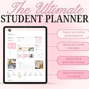 Op de afbeelding: Een digitale studentenplanner op een laptopscherm met de tekst "The Ultimate Student Planner" erboven. De planner heeft een kalender, secties voor opdrachten, cursussen en doelen, en een dagelijkse en wekelijkse kalender.