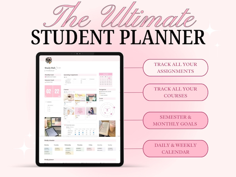 Op de afbeelding: Een digitale studentenplanner op een laptopscherm met de tekst "The Ultimate Student Planner" erboven. De planner heeft een kalender, secties voor opdrachten, cursussen en doelen, en een dagelijkse en wekelijkse kalender.