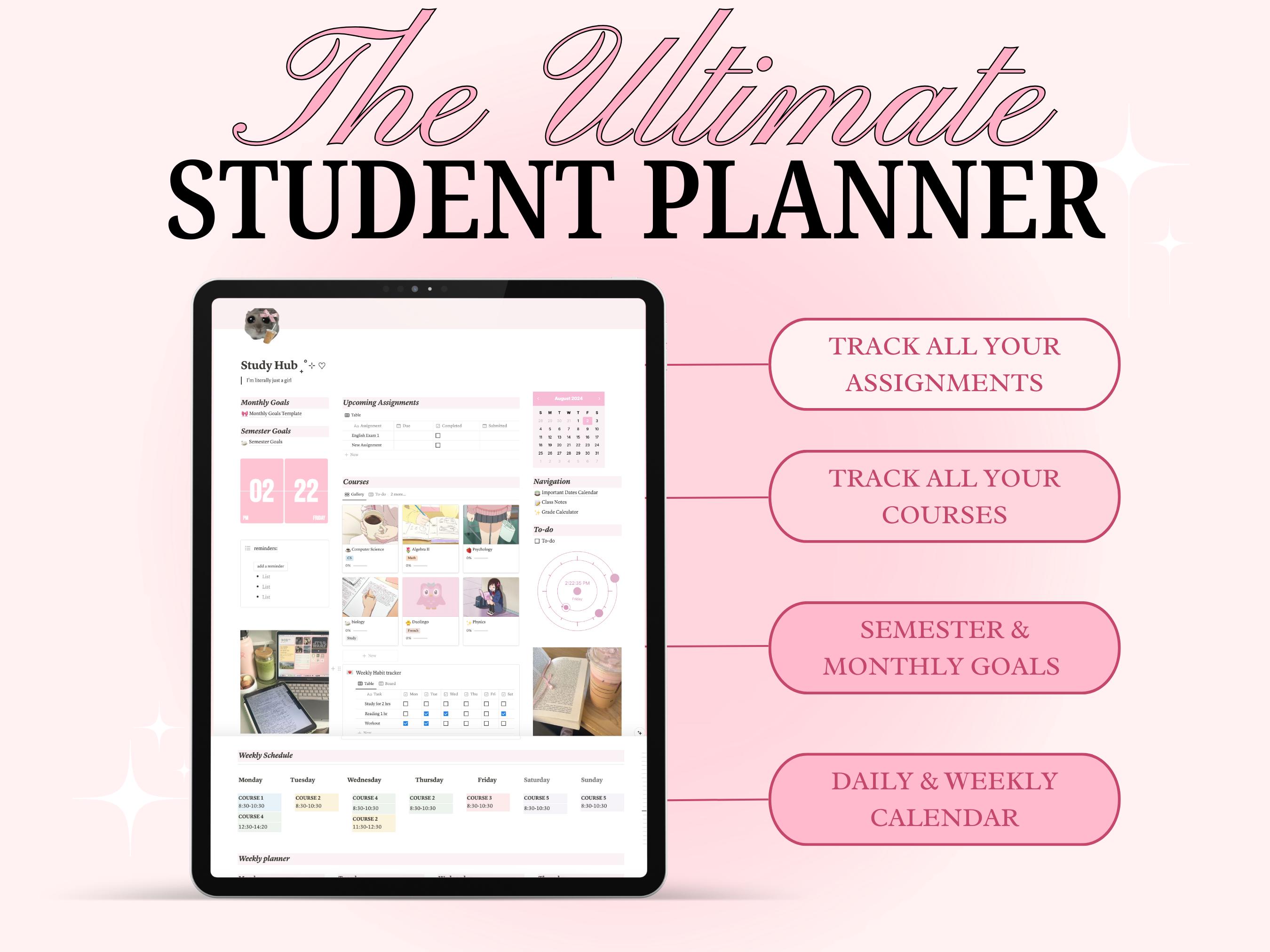 Pink Aesthetic Notion Student Planner: Digital Academic Template - Etsy