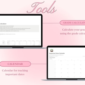 Op de afbeelding: Een roze achtergrond met het woord "Tools" in een gestileerd lettertype. Drie afbeeldingen van laptopschermen tonen verschillende online tools: een cijfercalculator, een kalender en een kalender voor belangrijke data.