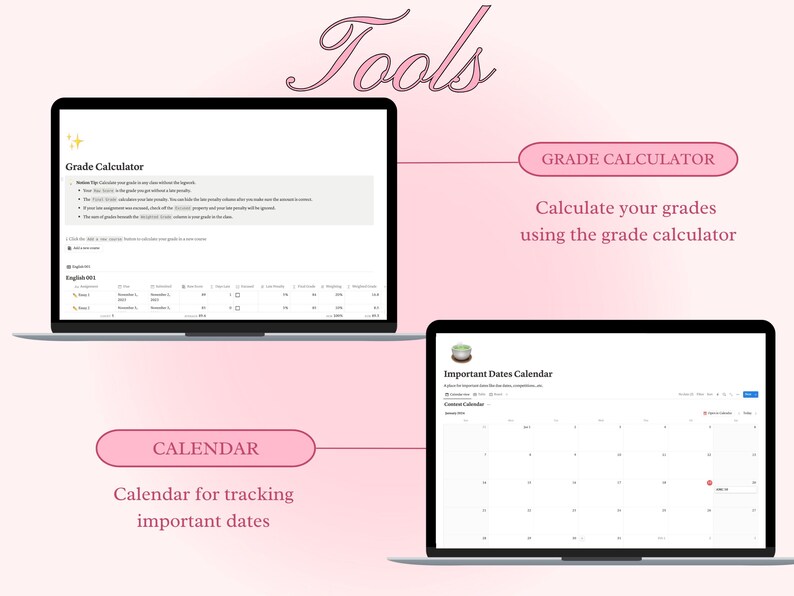 Op de afbeelding: Een roze achtergrond met het woord "Tools" in een gestileerd lettertype. Drie afbeeldingen van laptopschermen tonen verschillende online tools: een cijfercalculator, een kalender en een kalender voor belangrijke data.