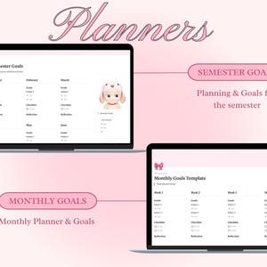 Op de afbeelding: Twee laptopschermen die afdrukbare planner sjablonen weergeven. Het bovenste scherm toont een semesterplanner met de tekst "Semesterdoelen" en het onderste scherm toont een maandplanner met de tekst "Maandelijkse doelsjablonen".