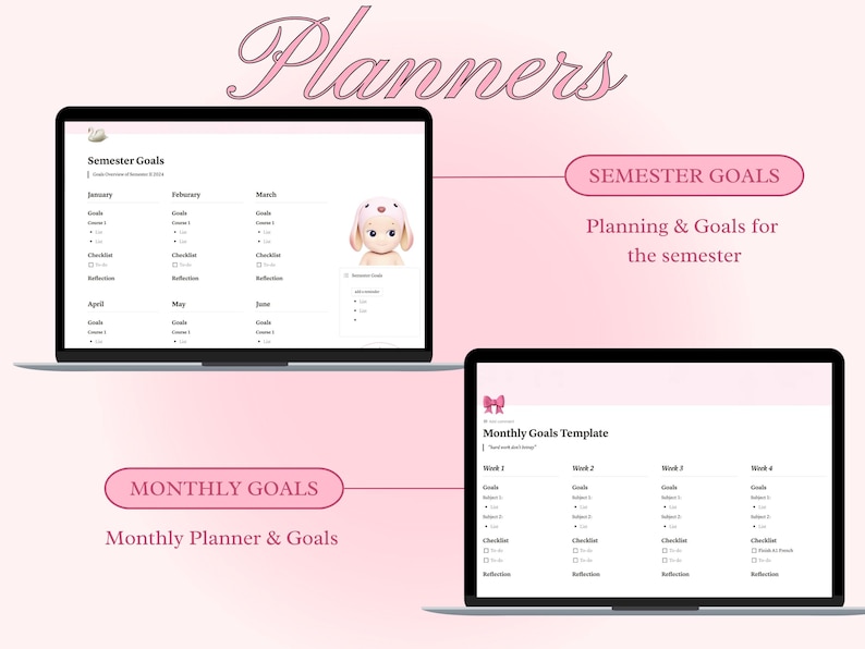 Op de afbeelding: Twee laptopschermen die afdrukbare planner sjablonen weergeven. Het bovenste scherm toont een semesterplanner met de tekst "Semesterdoelen" en het onderste scherm toont een maandplanner met de tekst "Maandelijkse doelsjablonen".