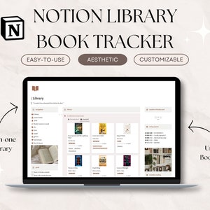 Puede incluir: Una pantalla de computadora portátil que muestra una página de Notion titulada "Biblioteca" con una interfaz de seguimiento de libros. La página presenta una lista de libros, una barra de progreso de lectura y una imagen de una estantería. El texto "NOTION LIBRARY BOOK TRACKER" se muestra encima de la pantalla de la computadora portátil.