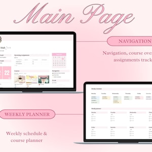 Op de afbeelding: Een computerscherm dat een website weergeeft met een roze en witte kleurstelling. De website heeft de titel "Study Hub" en bevat een weekplanner, een kalender en een sectie voor komende opdrachten. De tekst "Main Page" wordt bovenaan het scherm weergegeven in een roze cursief lettertype.
