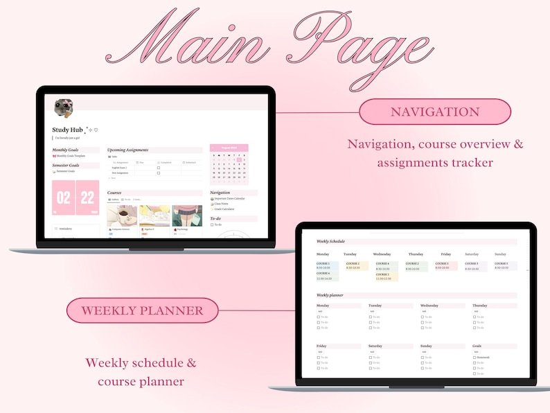 Op de afbeelding: Een computerscherm dat een website weergeeft met een roze en witte kleurstelling. De website heeft de titel "Study Hub" en bevat een weekplanner, een kalender en een sectie voor komende opdrachten. De tekst "Main Page" wordt bovenaan het scherm weergegeven in een roze cursief lettertype.