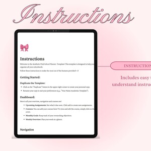Op de afbeelding: Een roze en witte digitale planner-sjabloon met instructies over het gebruik ervan. De sjabloon bevat secties voor komende opdrachten, cursussen, maandelijkse doelen en wekelijkse overzichten. De tekst "Instructies" staat bovenaan de pagina.