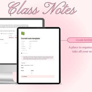 Op de afbeelding: Een screenshot van een website genaamd "Class Notes" met een roze achtergrond. De website is een plek om notities te organiseren en te maken. De website heeft een Cornell-notitietemplate met een groen pictogram. De tekst "Cornell note template" wordt weergegeven in een wit vak.