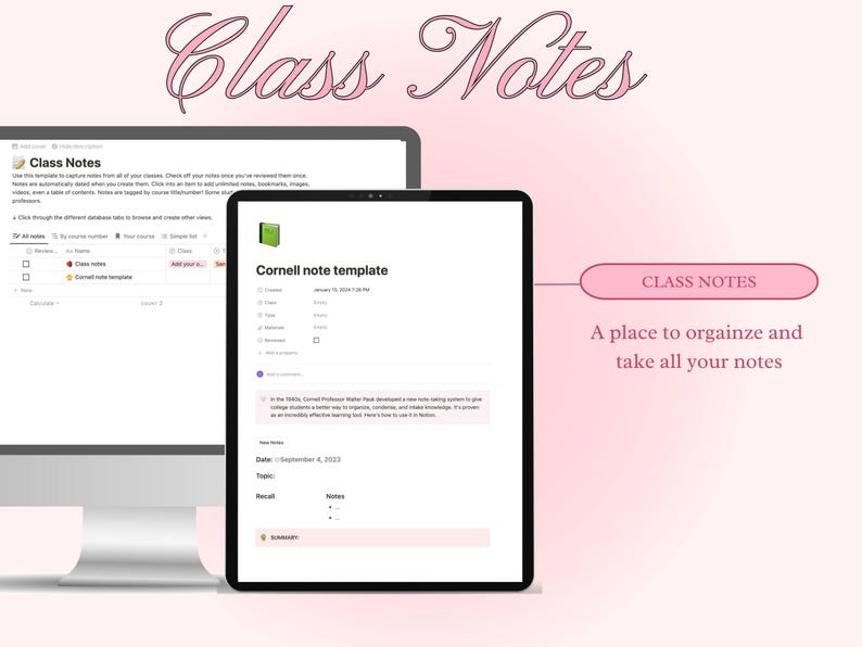 Op de afbeelding: Een screenshot van een website genaamd "Class Notes" met een roze achtergrond. De website is een plek om notities te organiseren en te maken. De website heeft een Cornell-notitietemplate met een groen pictogram. De tekst "Cornell note template" wordt weergegeven in een wit vak.