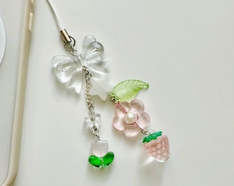 Strawberry Flower Phone Charm, Beaded Phone Accessory