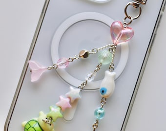 Green Sea Turtle and Fish Bag Charm, Phone Charm, Keychain