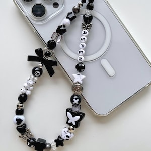 Personalizable Black and White Phone Strap with Butterflies and Bow
