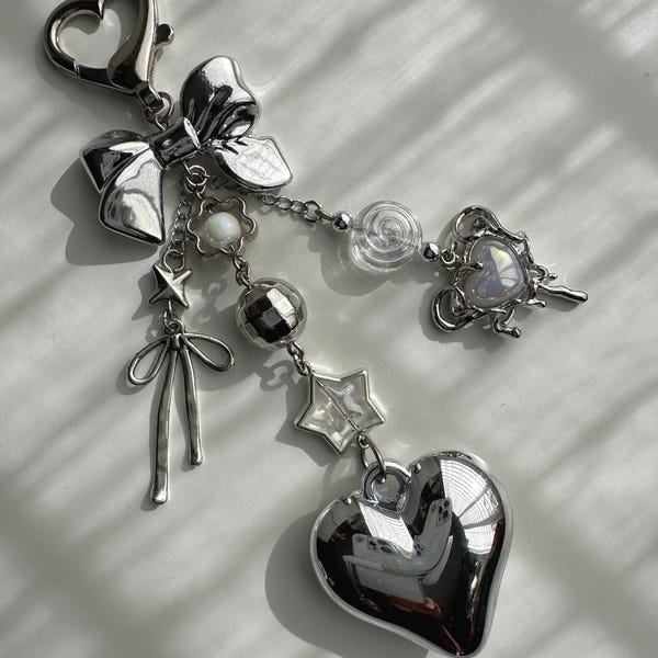 Silver Heart with Bows  Beaded Bag Charm