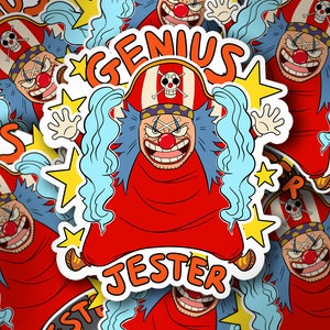 May include: A sticker featuring a cartoon character with blue hair, a red and white striped hat, and a red and white striped shirt. The character is smiling and has a red nose. The sticker says "Genius Jester" in a white banner.