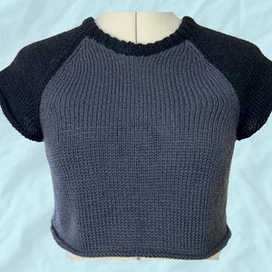 May include: A two-tone knit top in charcoal gray and black, displayed on a mannequin. The short-sleeved shirt features a dark gray body with black raglan sleeves and a ribbed neckline. The garment is made of a textured knit fabric.