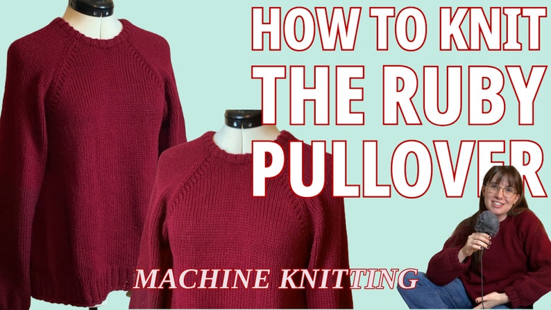 May include: How to knit the Ruby Pullover, a tutorial on machine knitting a red sweater. The video features a woman wearing a red sweater and holding a microphone.