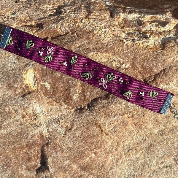 Burgandy Ribbon Bracelet, Hand Embroidered, Adjustable, Lobster Clasp