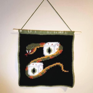 Puede incluir: Un tapiz de pared tejido a crochet que presenta una serpiente negra con dos ojos grandes. La serpiente está tejida a crochet en hilo verde, naranja y blanco sobre un fondo negro. El tapiz está enmarcado con un borde de crochet verde.