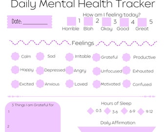 Daily Mental Health Tracker lavender, Mental Health Check In, Mental Health Tracker,Mood Tracker