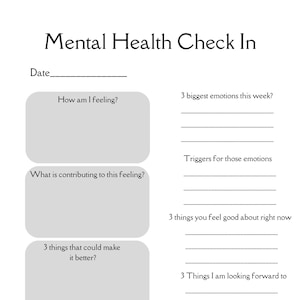 Mental Health Check In digital printable for therapists, counselors, mental health worksheet