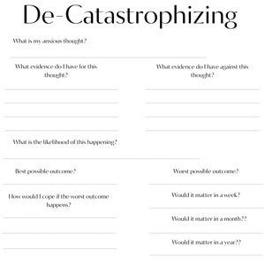 Anxiety Decatastrophizing Worksheet, anxiety worksheet, counselor tool, therapist tool