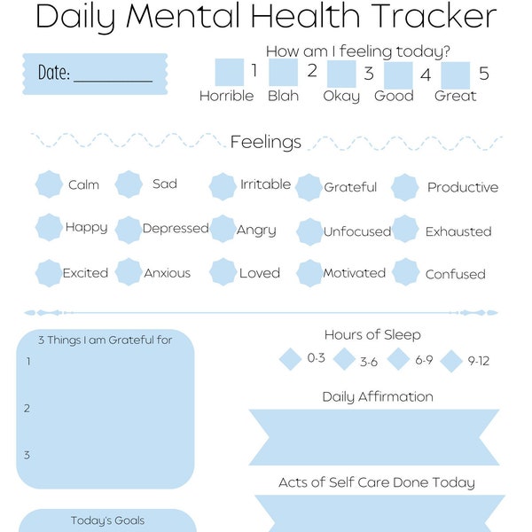 Daily Mental Health Tracker blue, Mental Health Check In, Mental Health Tracker,Mood Tracker