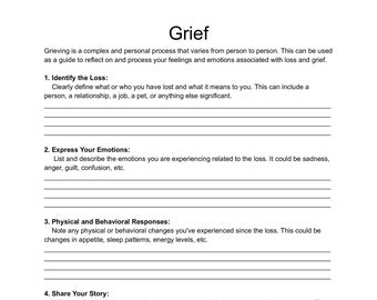 Grief Worksheet, Mental Health Worksheet, Grief Therapy worksheet, Counseling tool, mental health check in
