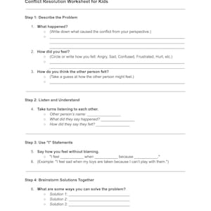 Conflict Resolution Worksheet for Kids, Conflict Resolution, Counseling Worksheet