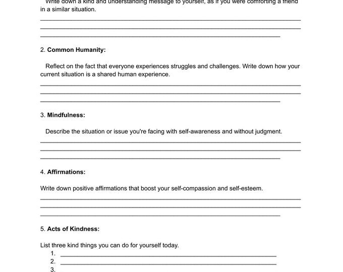 Self Compassion Worksheet Therapy Tool Social Work Tool Counseling