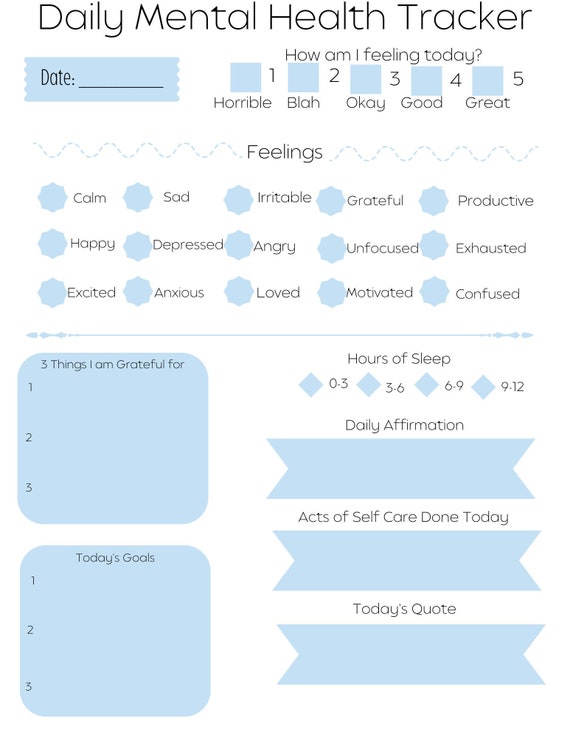 Daily Mental Health Tracker blue, Mental Health Check In, Mental Health Tracker,Mood Tracker