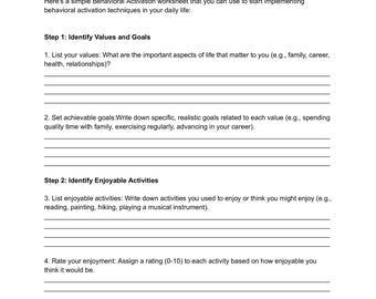 Behaviroral Activation Worksheet, Depression Worksheet, CBT Worksheet, Therapy Tool