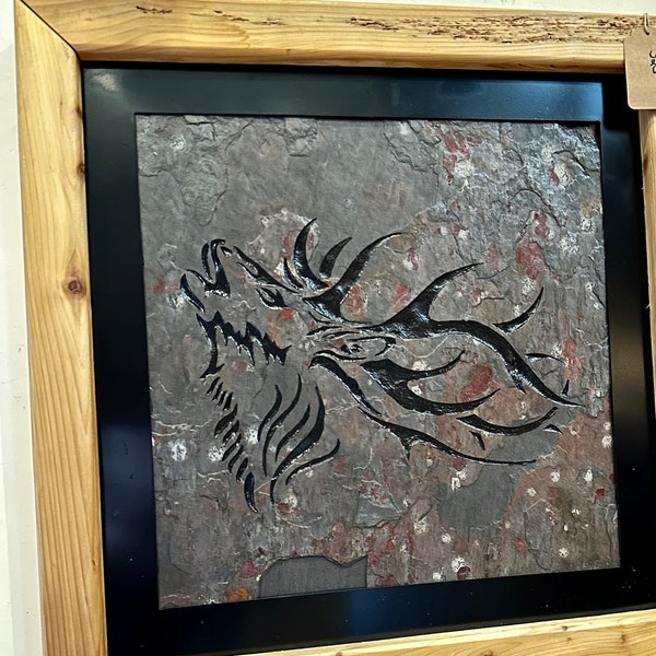 Hand sandblasted slate stone art. Your idea. Matted framed cedar ghost wood. Unframed. Pet memorial, Kitchen backsplash, Shower, Fireplace