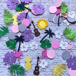 102-Piece Tropical Table Confetti Set |Luau Party Decor, Hawaiian Theme Party Supplies - Purple and white Hibiscus Set 1 - Ready to Ship