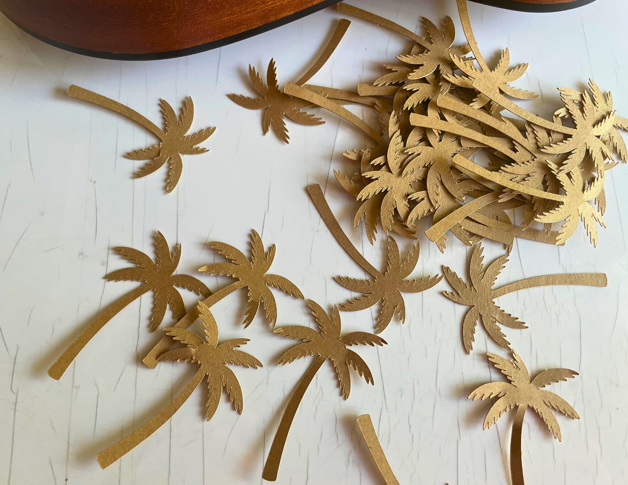 Gold Brown Coconut Palm Tree Luau Confetti Set 100 Pieces Tropical Party Decor Hawaiian Party Size 15 inches Cardstocks