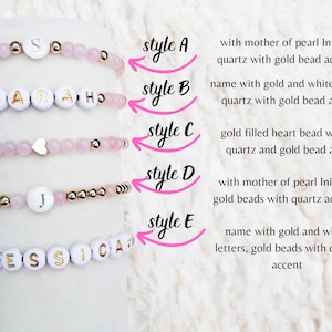 Personalized name bracelet with rose quartz and gold filled beads - mama bracelet stack