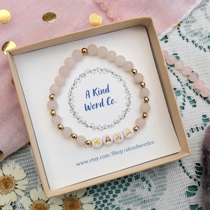 Custom name beaded bracelet with rose quartz, new mama baby shower gift, expecting mom bracelet, mothers day gift