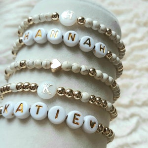 Bridesmaid custom name beaded bracelet- mother of pearl letter bracelet- dainty white beaded bracelet